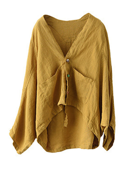 Casual V-Neck Linen Batwing Sleeves Outerwear