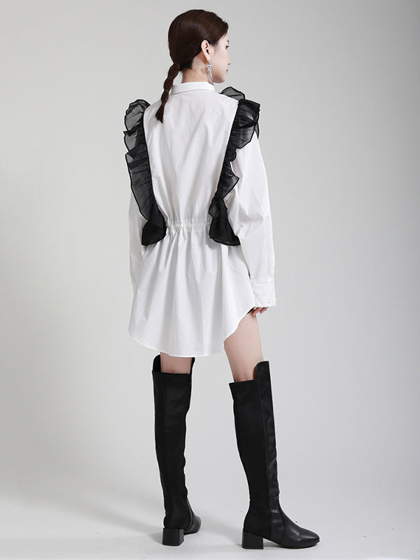 Stylish Irregular Contrast Color Split-Joint Falbala Mesh Drawstring Buttoned Lapel Collar Long Sleeves Blouse