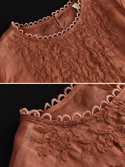 Artistic Retro Vintage Loose Ramie Cotton Embroidered T-Shirt Top