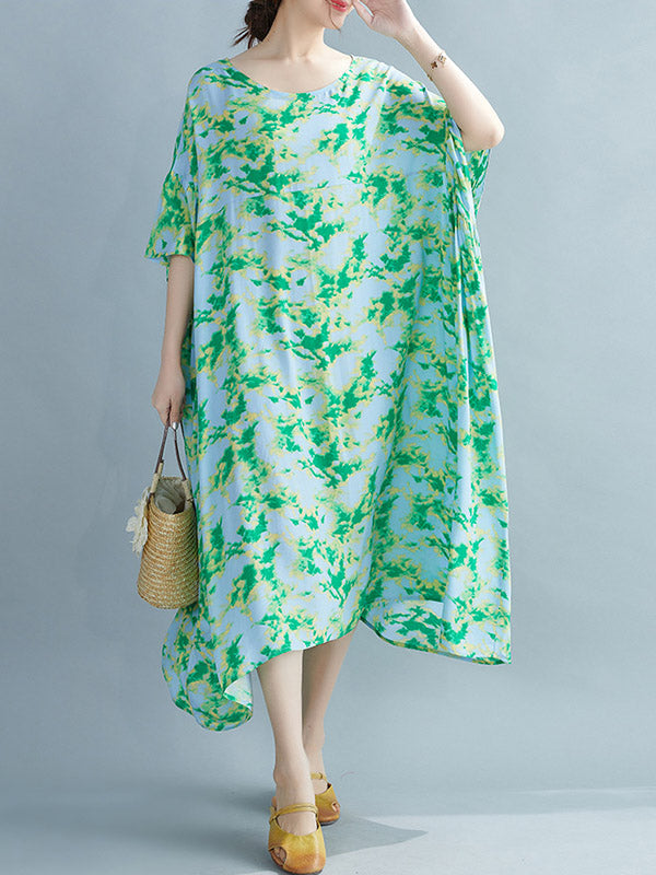 Stylish Printed Round-Neck Batwing Sleeve Midi Dress