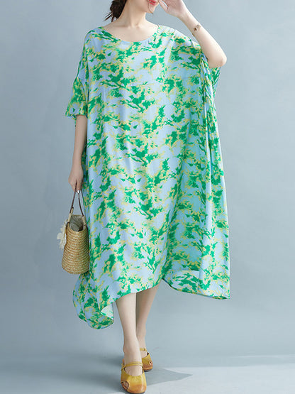 Stylish Printed Round-Neck Batwing Sleeve Midi Dress