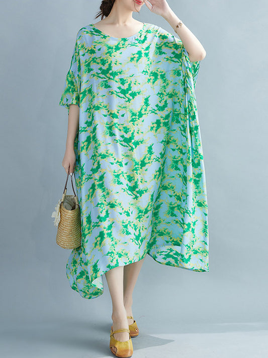 Stylish Printed Round-Neck Batwing Sleeve Midi Dress