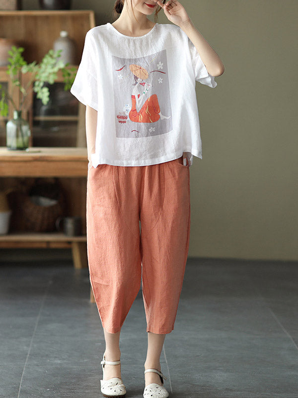 Ramie Cotton Printing Round-Neck T-Shirts Tops