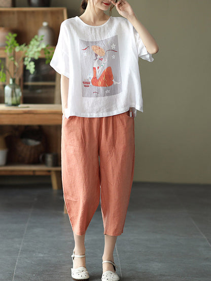 Ramie Cotton Printing Round-Neck T-Shirts Tops