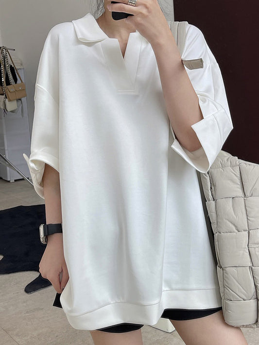 Girlish Loose Black&White V-Neck Half Sleeves T-Shirts
