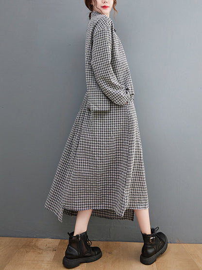 Artistic Retro Irregular Split-Joint Plaid Pleated Buttoned Elasticity Waist Lapel Collar Long Sleeves Midi Shirt Dress