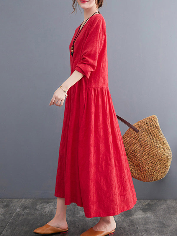 Casual Simple Solid Color Pleated Round-Neck Long Sleeves Midi Dress