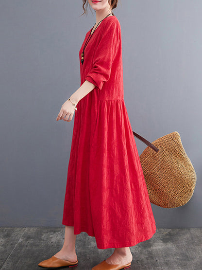 Casual Simple Solid Color Pleated Round-Neck Long Sleeves Midi Dress