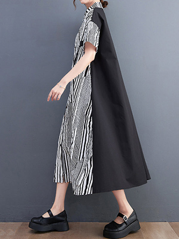 Artistic Retro Loose Striped Contrast Color Midi Shirt Dress