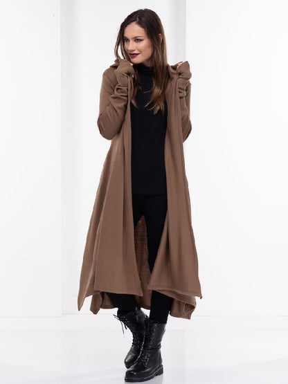 Simple Loose Coffee&Burgundy Split-Side Long Sleeves Hooded Outerwear