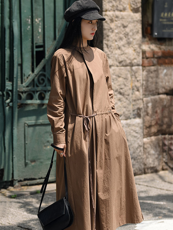 Casual Long Sleeves Loose Tied Asymmetric Solid Color Stand Collar Midi Dresses
