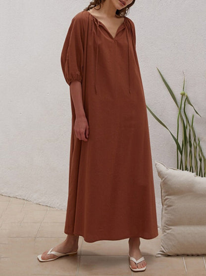 Casual Loose Linen 3 Colors Tied Pleated V-Neck Bishop Half Sleeves Midi Dress