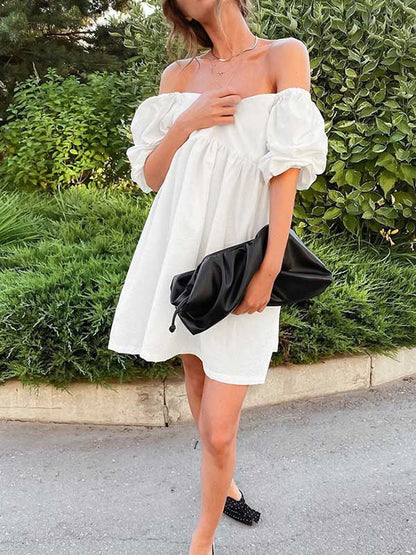 Stylish Split-Joint Pleated Puff Sleeves A-Line Mini Dress