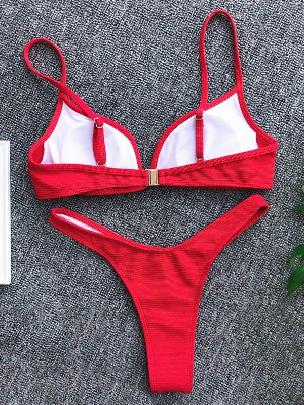 V-Neck Solid Color Split Bikini Swimsuit
