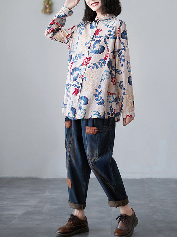 Artistic Retro Floral Printed Buttoned Lapel Collar Long Sleeves Blouse