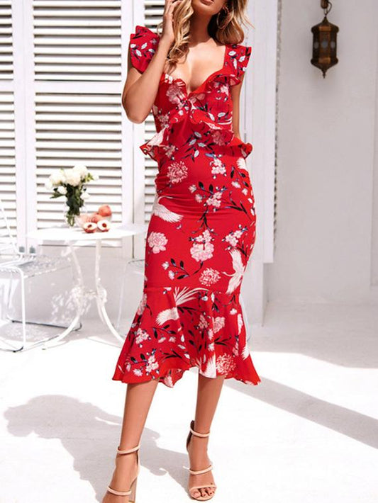 V-neck Floral Printed Chic Midi Dress