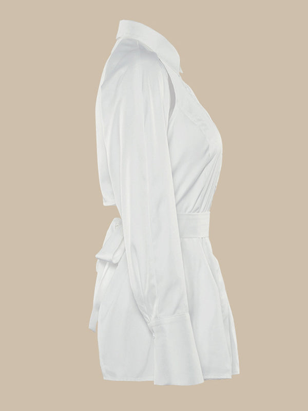 Urban White Hollow Bandage Lapel Long Sleeves Blouses