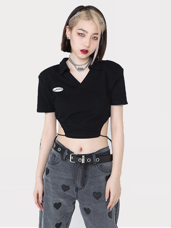 Original Black Lapel V-Neck Hollow T-Shirt