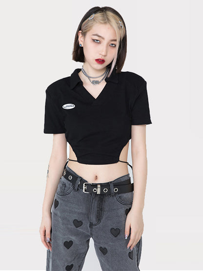 Original Black Lapel V-Neck Hollow T-Shirt