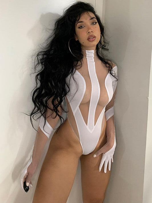Long Sleeves Mesh Split-Joint With Gloves Bodysuits