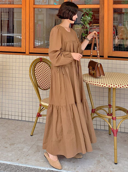 Casual Solid Color Pleated Drawstring Round-Neck Long Sleeves Midi Dress