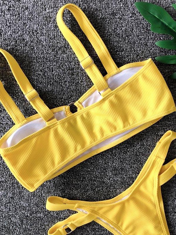 Solid Color Hollow Bandage Split Bikini Swimsuit