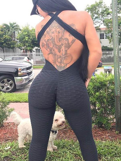 Solid Backless Wrap Yoga Jumpsuits