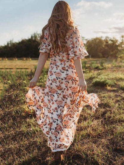 Floral Falbala Sleeves Maxi Dress