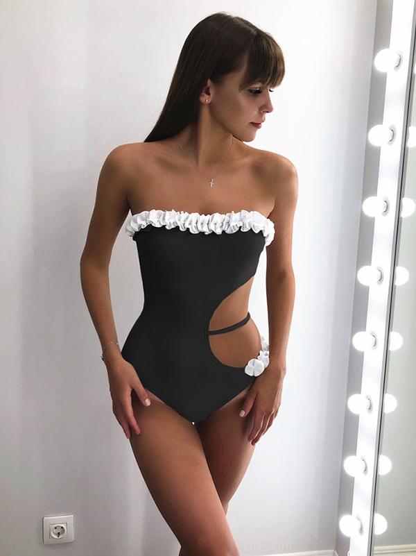 Lace Asymmetric Bandeau One-Piece Swimwear