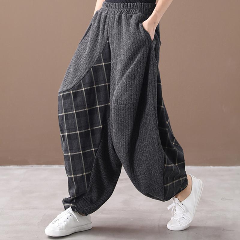 Buykud Loose Plaid Stitching Irregular Harem Pants