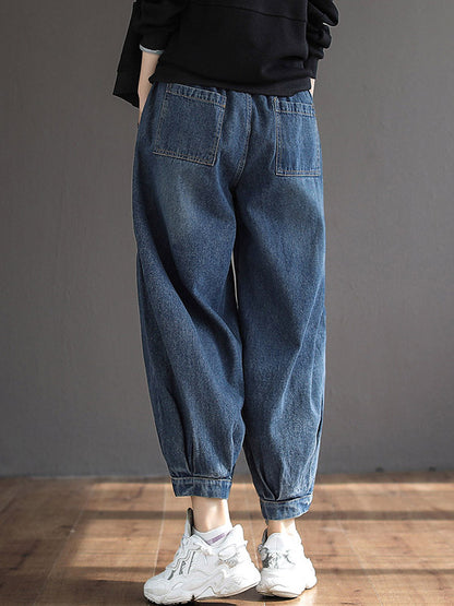Casual Elastic Waist Wide Leg With Large Pocket Jean Pants