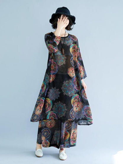 Loose Chiffon Floral Printed Long Shirt+Pants Suits