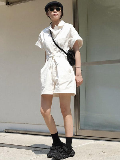 Vintage Simple Tooling Solid Wide Leg Shortts Rompers