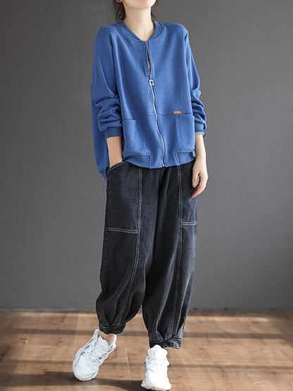 Casual Elastic Waist Wide Leg With Large Pocket Jean Pants