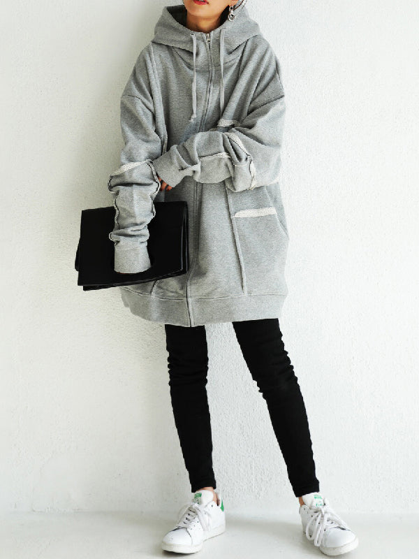 Stylish Loose Split-Joint Asymmetric Drawstring Hooded High-Neck Jacket Outerwear