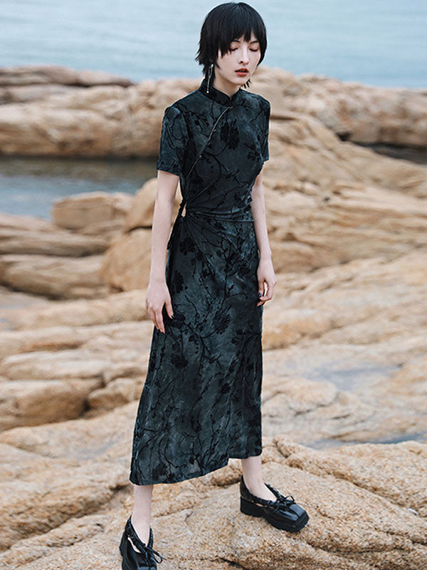 Vintage Tie-Dyed Buttoned Stand Collar Short Sleeves Cheongsam Dress