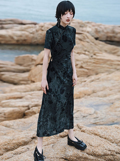Vintage Tie-Dyed Buttoned Stand Collar Short Sleeves Cheongsam Dress