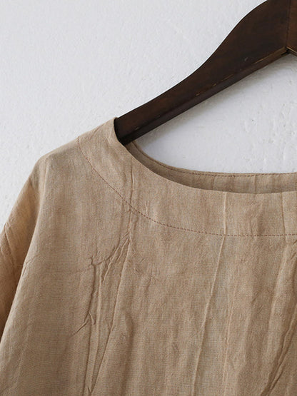 Vintage Linen Loose Split-Joint Round-Neck Batwing Sleeves T-Shirt+Elasticity Wide Leg Pants 2 Pieces Set