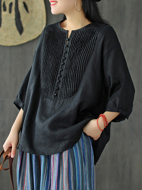 Original Linen Solid Color Pleats T-Shirts Tops