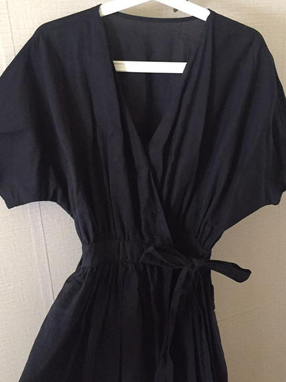 Ramie Cotton  Black Loose V-neck Batwing Sleeves Linen Dress