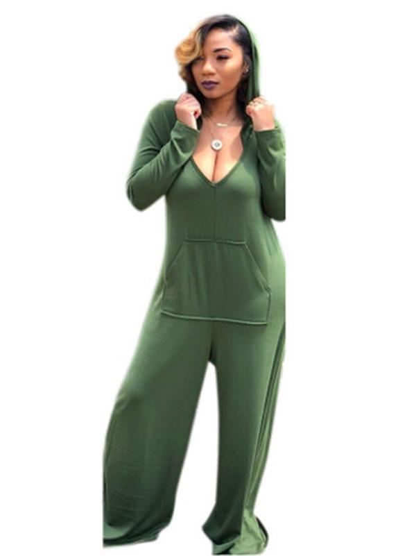 Loose Solid Pocket Hoodie Wide Leg Jumpsuits