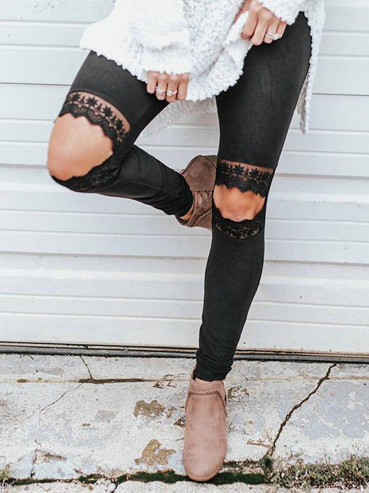 Split-joint Lace Hollow Solid Leggings