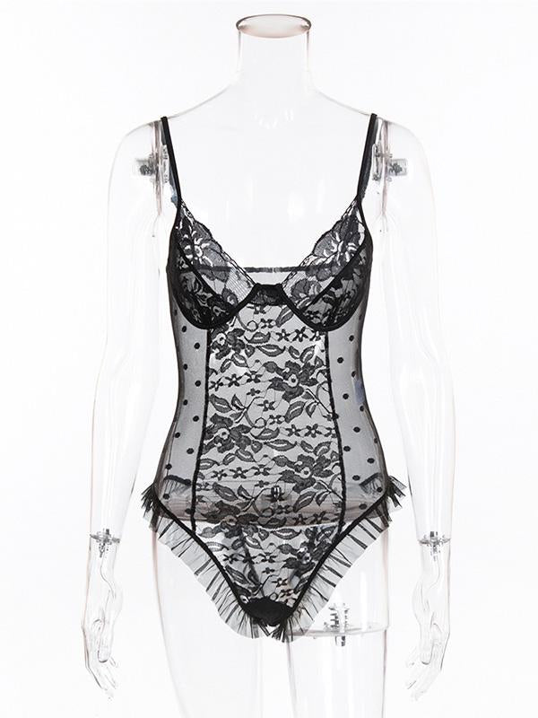 Sexy Hollow Ruffled Bodysuit Lingerie