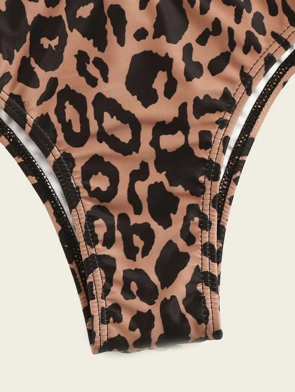 Strapless Hollow Leopard Print Bikini Swimsuit