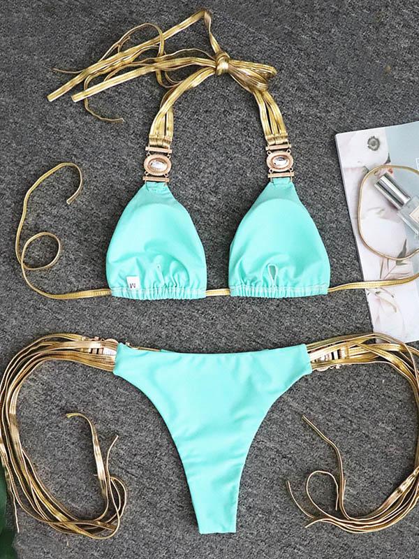 Gorgeous Embellished Triangles Bandage Split Bikini Swimsuit