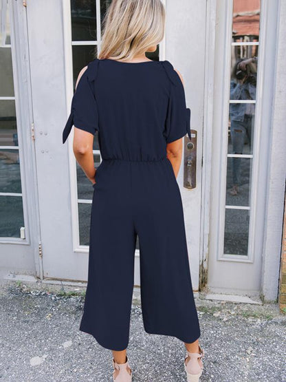 Bow-embellished V-neck Cold-shoulder Jumpsuits