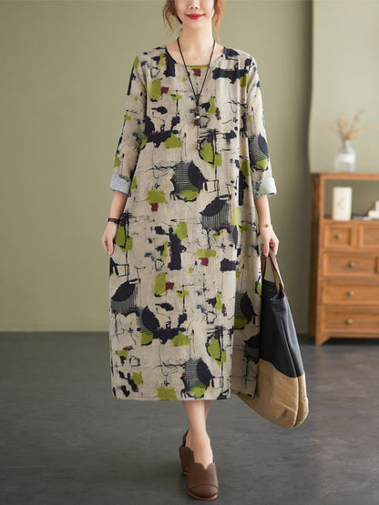 Artistic Retro Ramie Cotton Printed Round-Neck Long Sleeves Loose Midi Dress