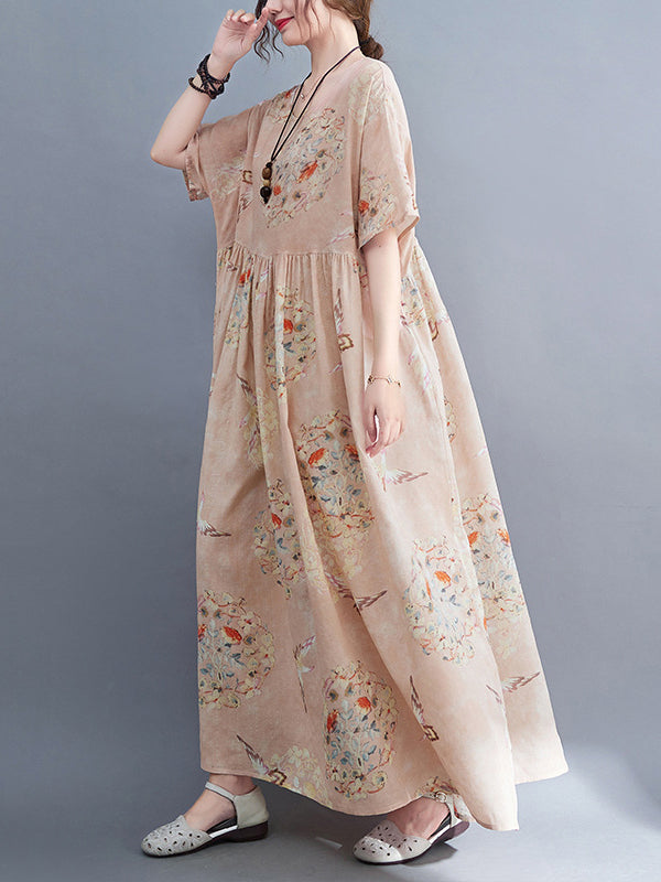 Artistic Retro Loose Floral Printed Pleated Half Sleeves Midi Dress
