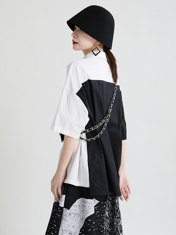 Original Contrast Color Split-Joint With Pocket Buttoned Lapel Color Long Sleeves Blouse