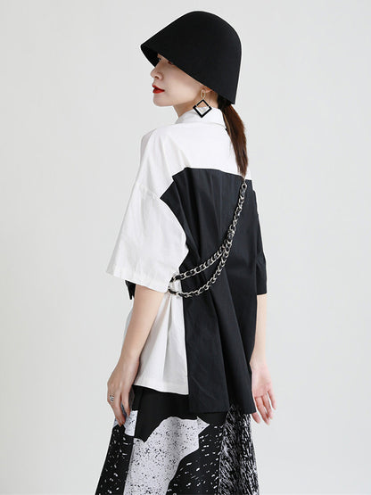 Original Contrast Color Split-Joint With Pocket Buttoned Lapel Color Long Sleeves Blouse